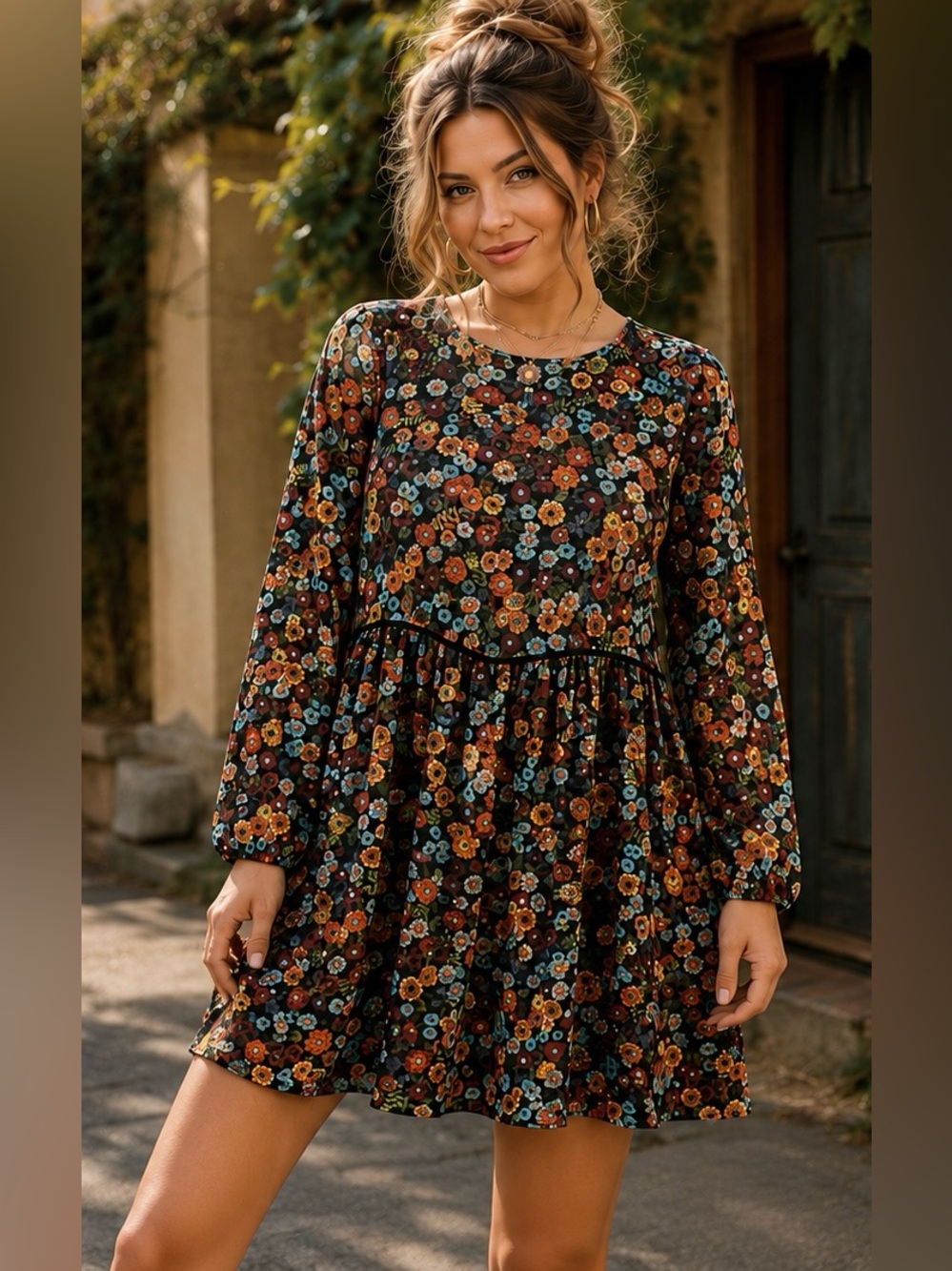ZARA Trafaluc Floral Babydoll Mini Dress M Long Sleeve Boho Preloved A31